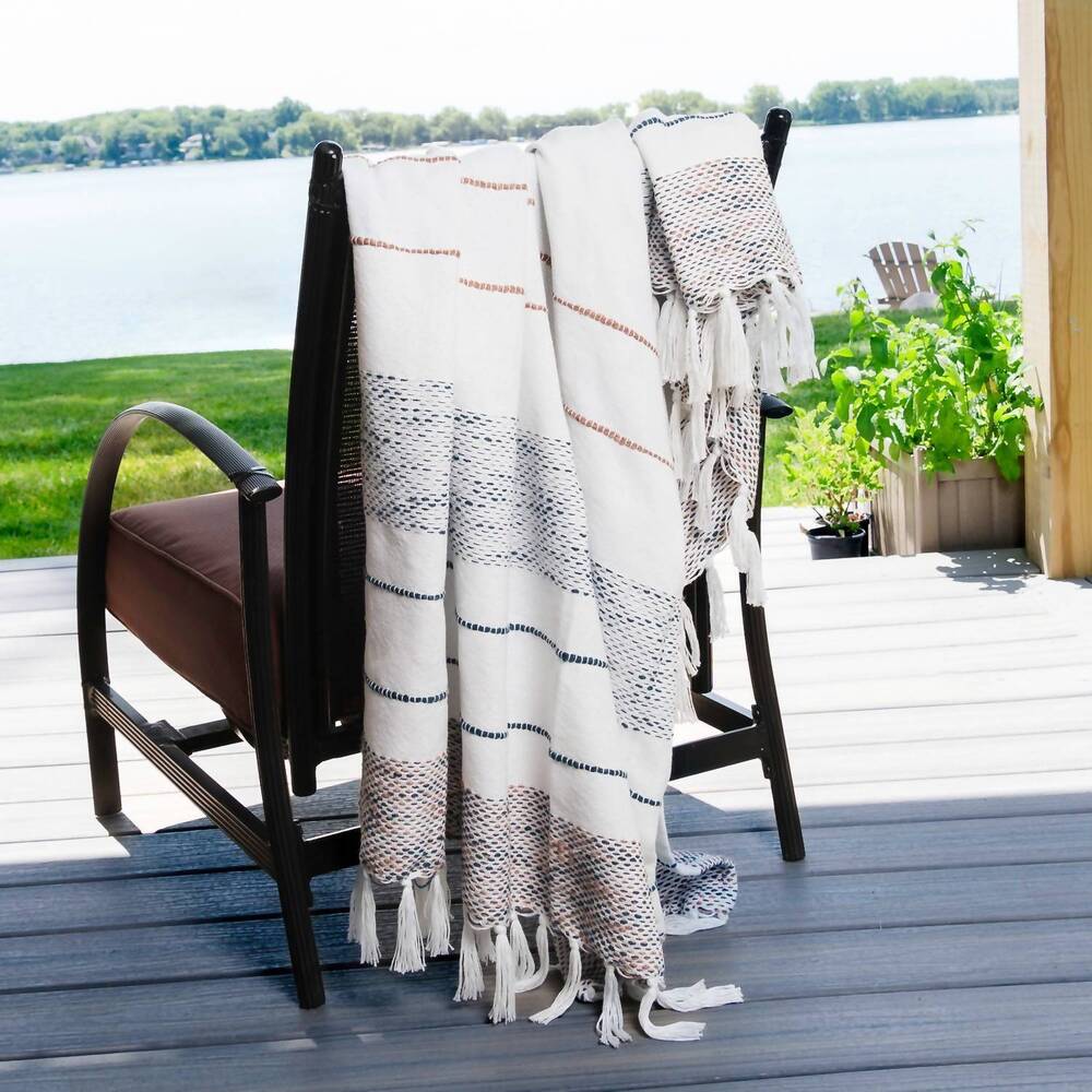 NEW HOWARD'S weave throw with fringe teal in honeycomb